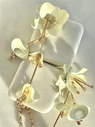 Altın Kaplama Zirkon Taşlı Çiçek Sallantılı Küpe (Krem)